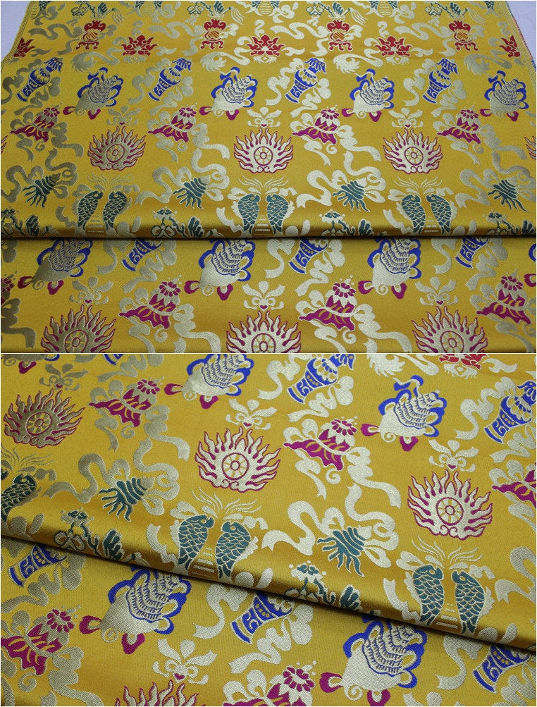 Tissu brocart de soie à double motif Poissons : Tissu de couture pour cheongsam bleu (29,5" de large)