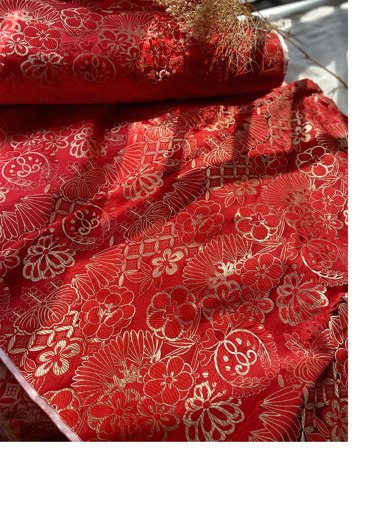 Lotus Brocade Fabric: 29.5"W Red & Gold Rayon Upholstery