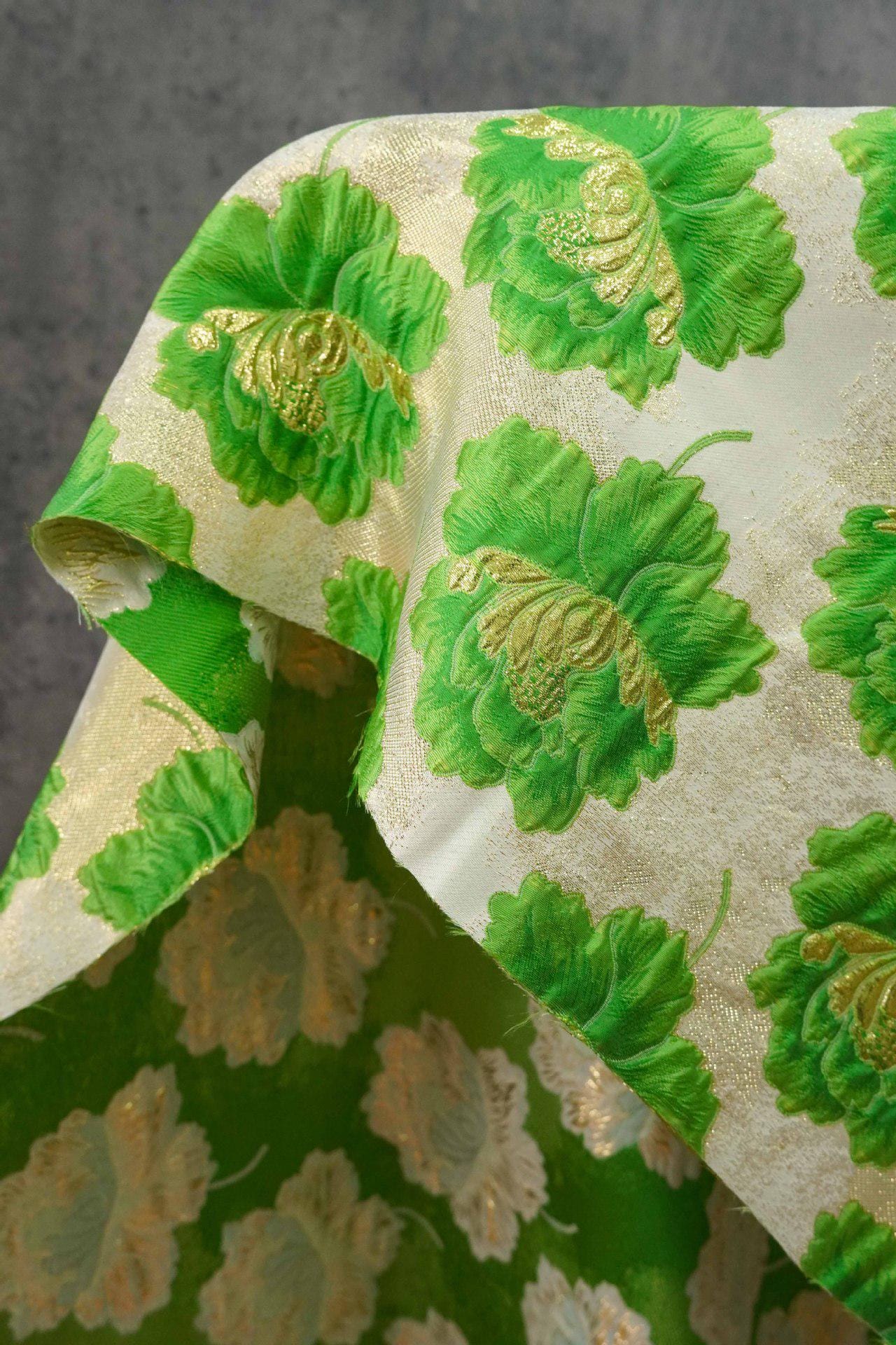 3D Embossed Peony Jacquard Fabric with Gold & Silver Threads, Woven Upholstery Fabric, 58"Wide