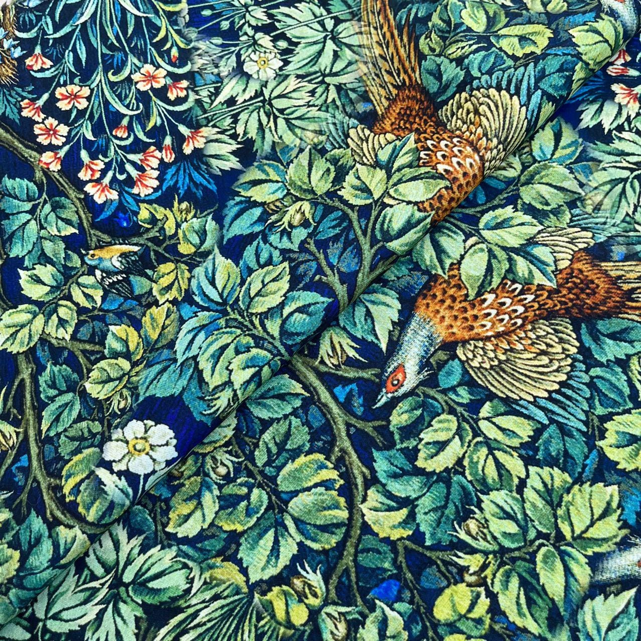 Tissu en coton des années 1960 : imprimé oiseaux et fleurs, 150 cm de large