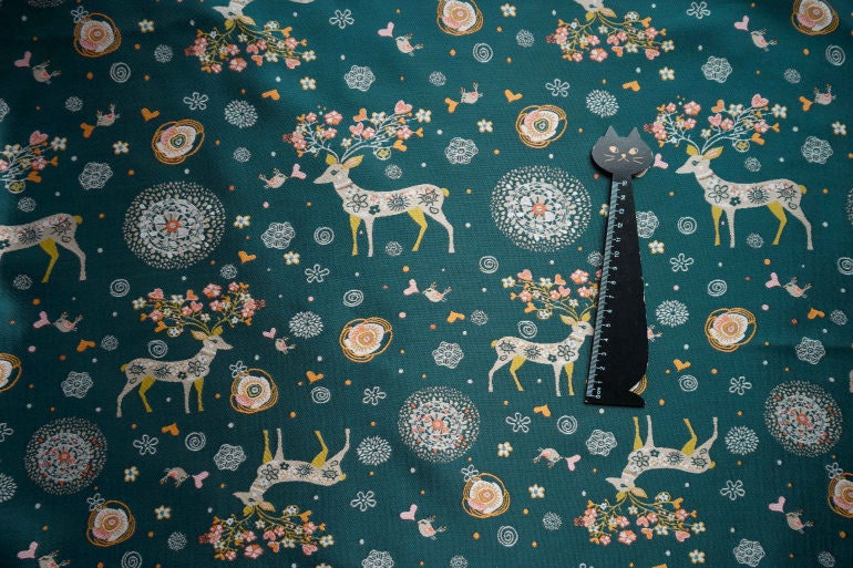 Dark Green Reindeer Damask Jacquard Fabric: 62"W Yarn-Dyed Polyester