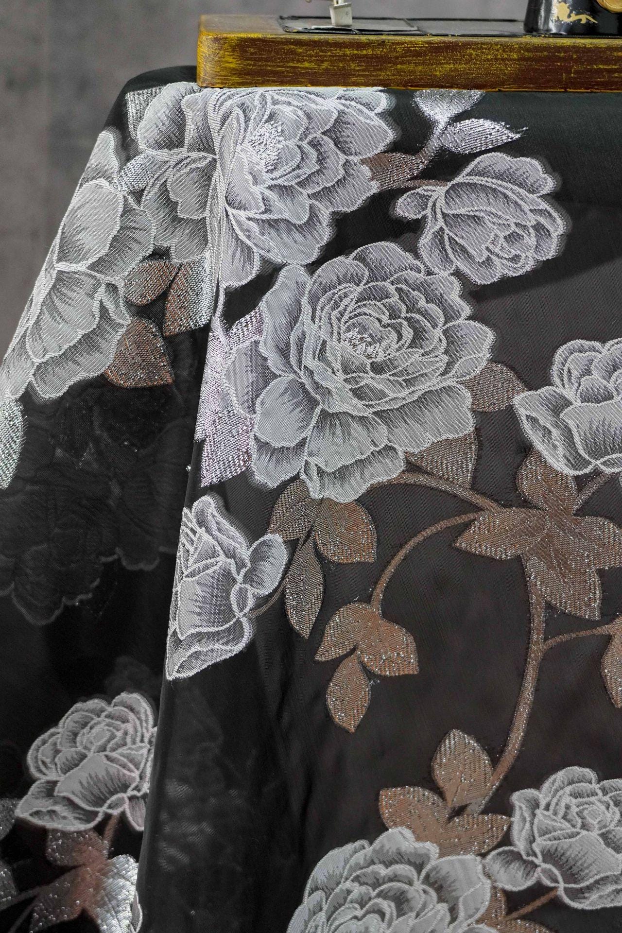 Black and white Peony Silver Thread Jacquard Semi-Sheer Fabric, 55"Wide