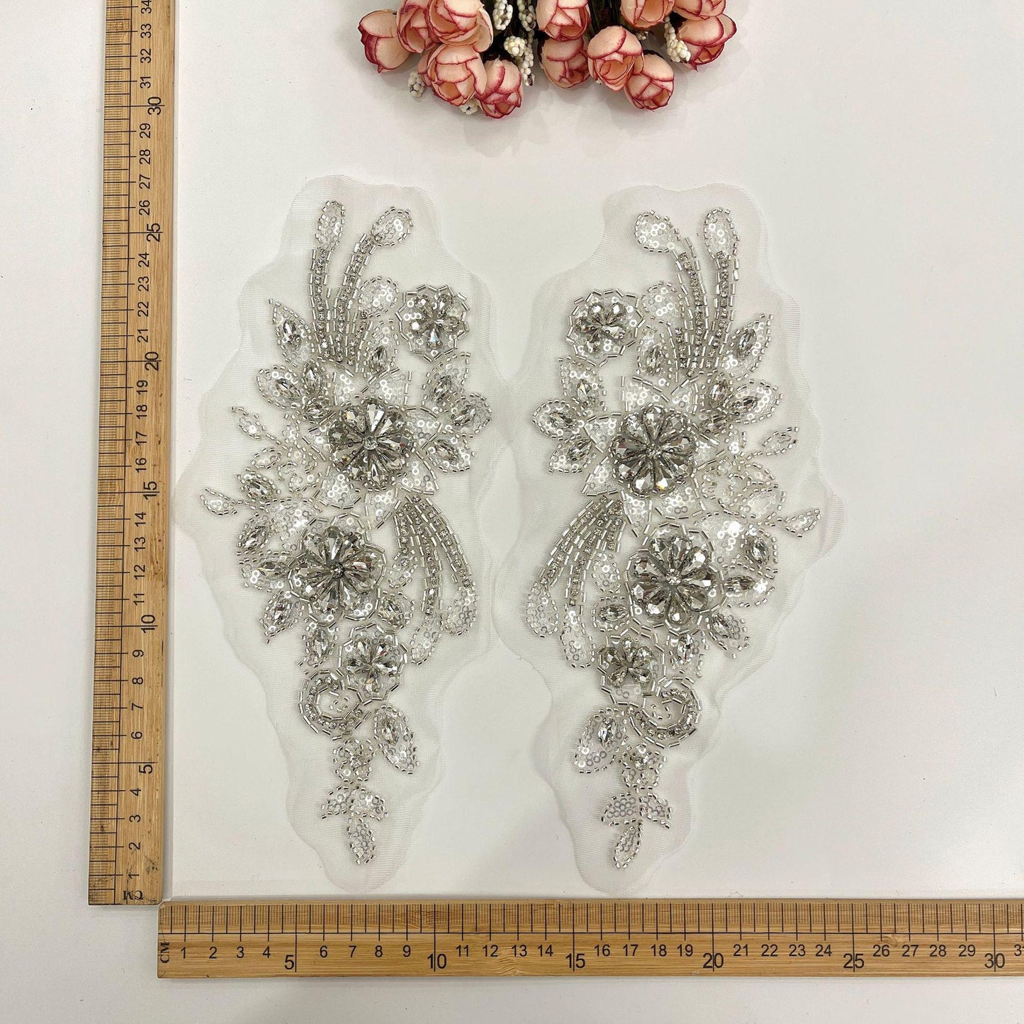 Embroidered Lace Trim: Light Ivory Bridal Applique with Sequins (By Pair)