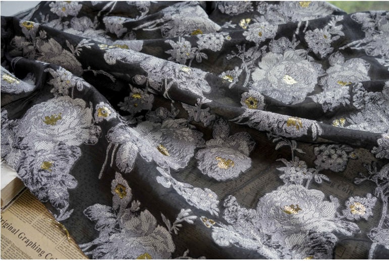 White Flower Jacquard Embroidery Fabric: 3D Effect, 55"W, Costume & Decor