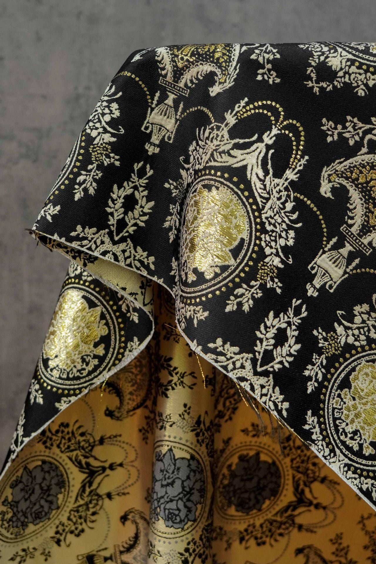 Baroque Floral Jacquard Fabric: Black Gold Upholstery Material - 55"W