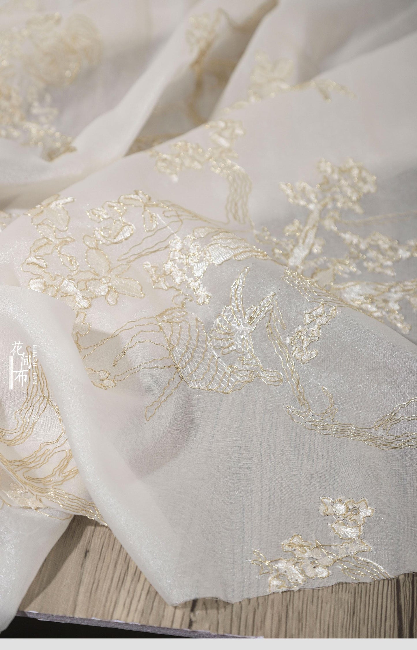 Gold Thread Embroidery Chiffon Gauze Fabric - 56"W - By The Meter