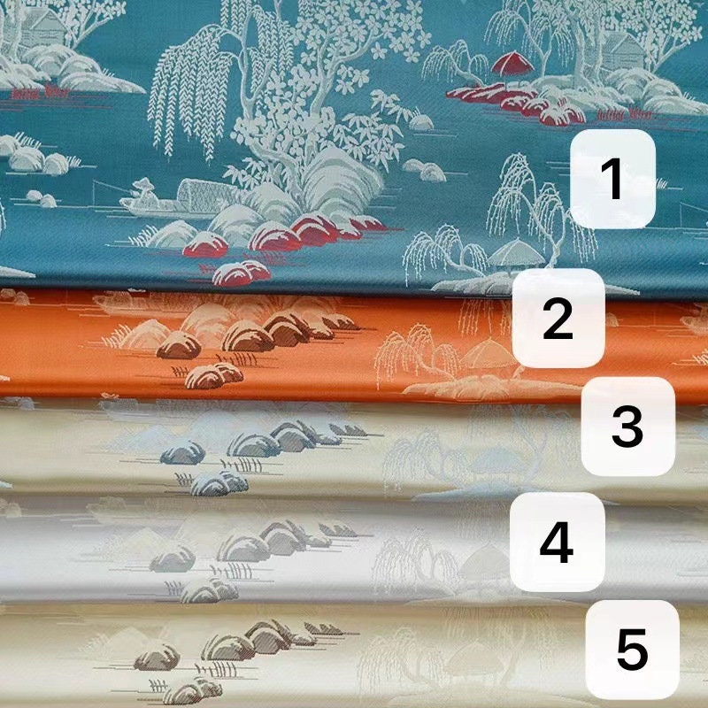 Jacquard Polyester Fabric: Minimalist Asian Landscape, Upholstery & Decor