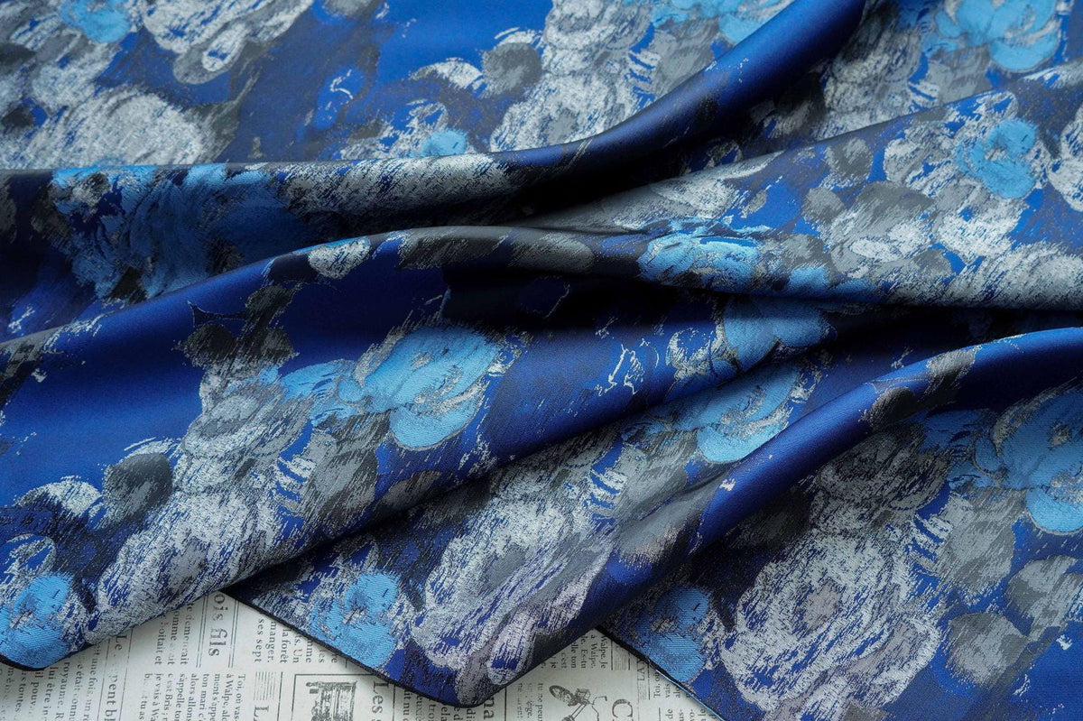 Blue Floral Brocade Fabric: Ink Painting Design, 60" Wide - Poppylollipop