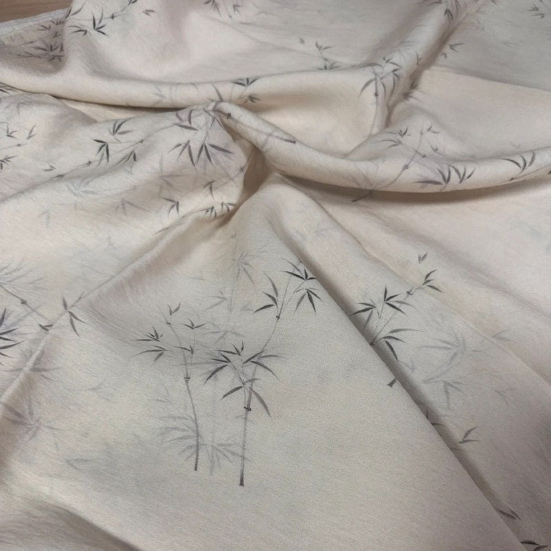 Beige Tencel Ramie Fabric: Bamboo Print Sewing Material