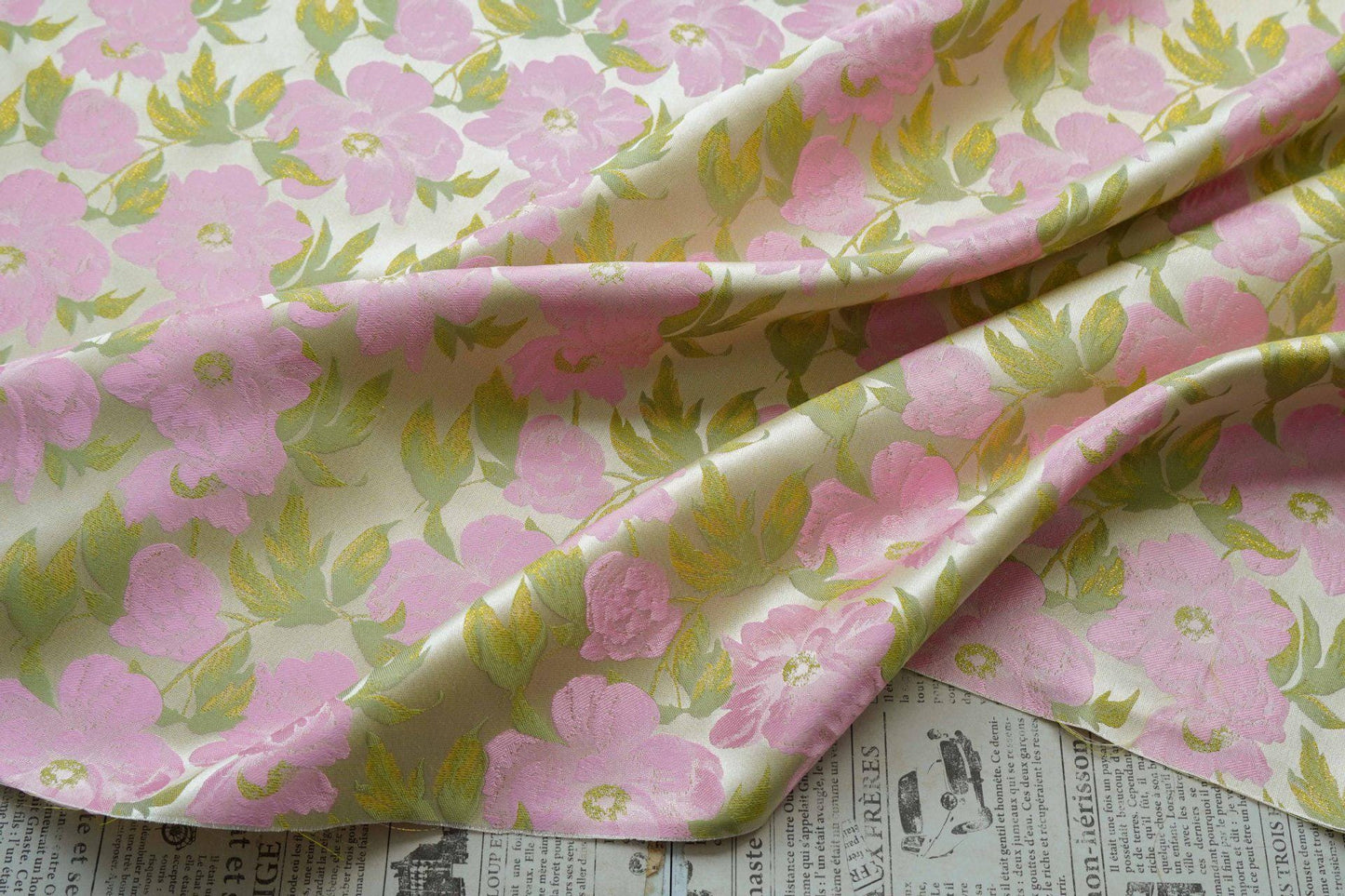 Romantic French Floral Jacquard Fabric with Gold Threads, 65"Wide
