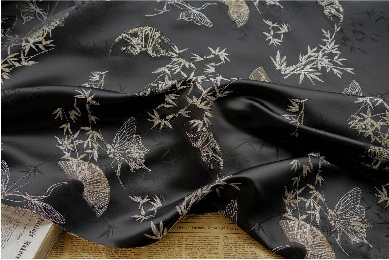 Gold Thread Jacquard Fabric: Butterfly & Fan Design, 58" Wide