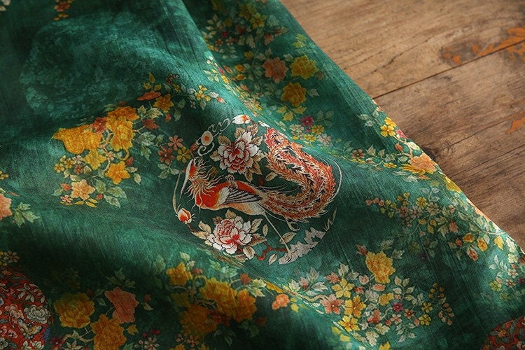 Jade Green Ramie Fabric: Floral Bird Print, 57" Wide