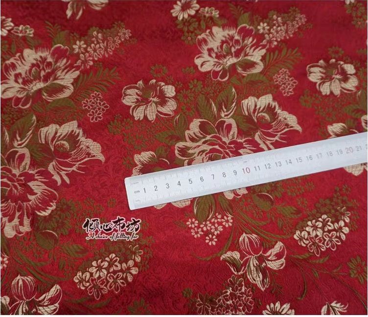 Maroon Peony Brocade Fabric: 29"W Rayon Blend, Costume & Decor