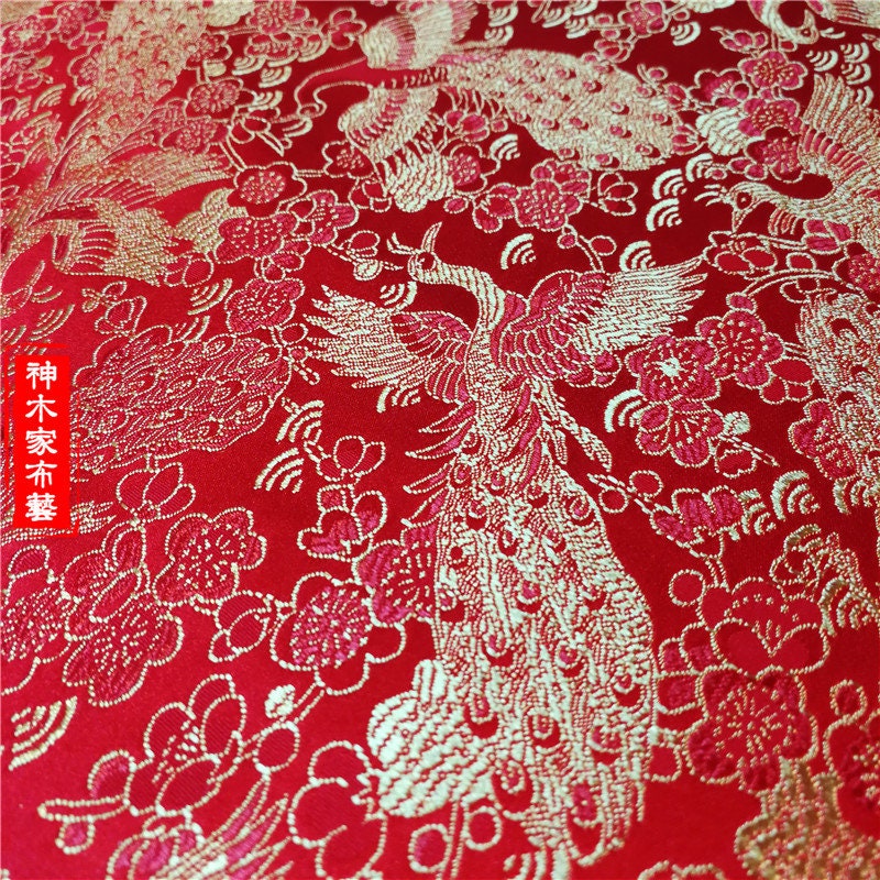 Red & Gold Phoenix Brocade Fabric: 59"W Jacquard Satin