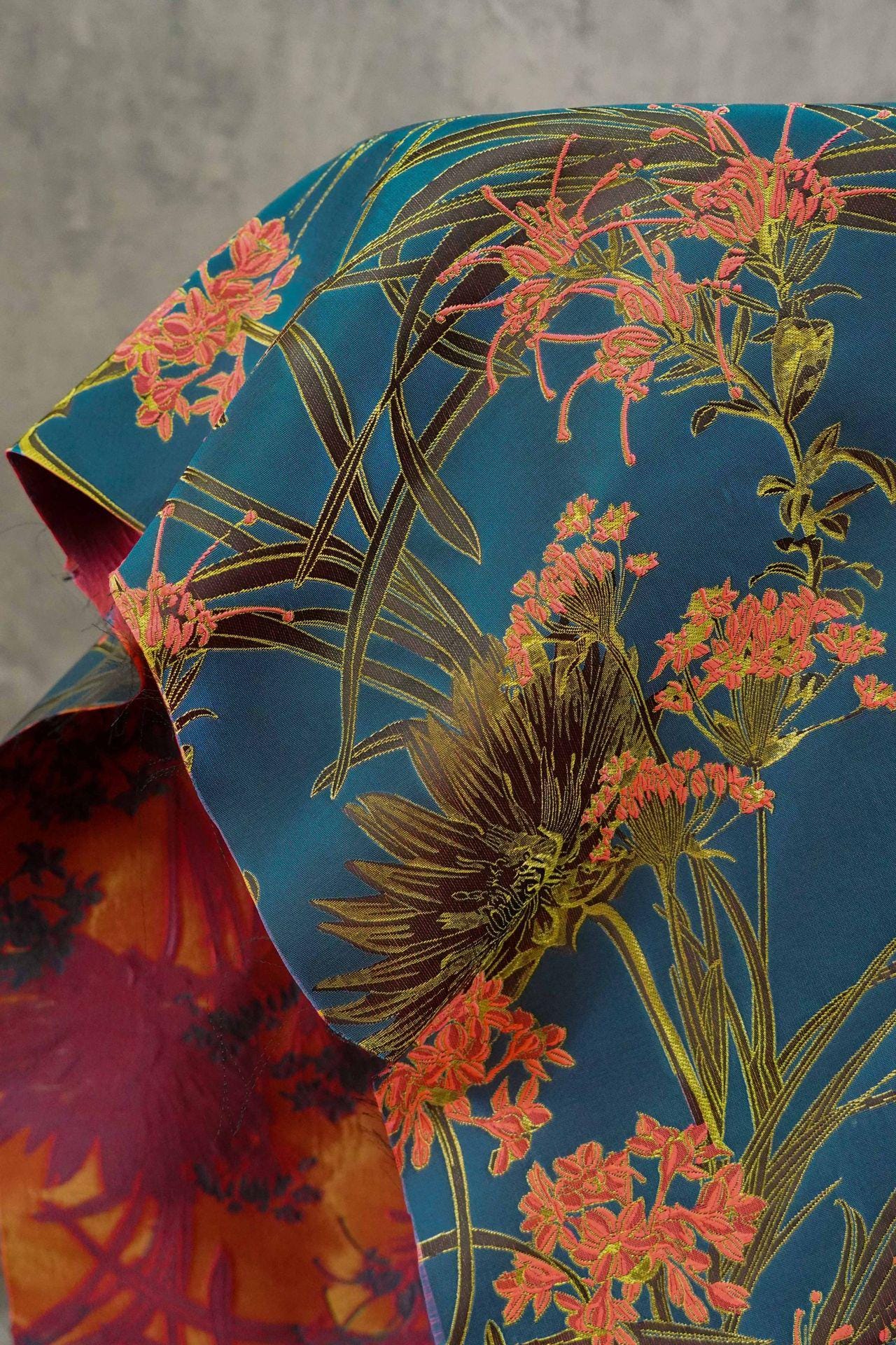 Gold Thread Jacquard Woven Fabric: 3D Teal Floral Embossed Upholstery, Costume, Sewing - 62"W