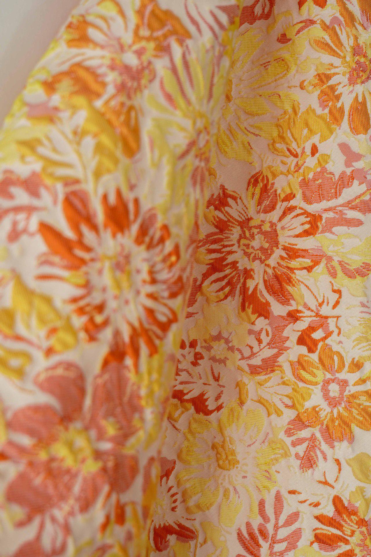 Yellow Jacquard Woven Fabric: 3D Embossed Flower Pattern, 57" Wide