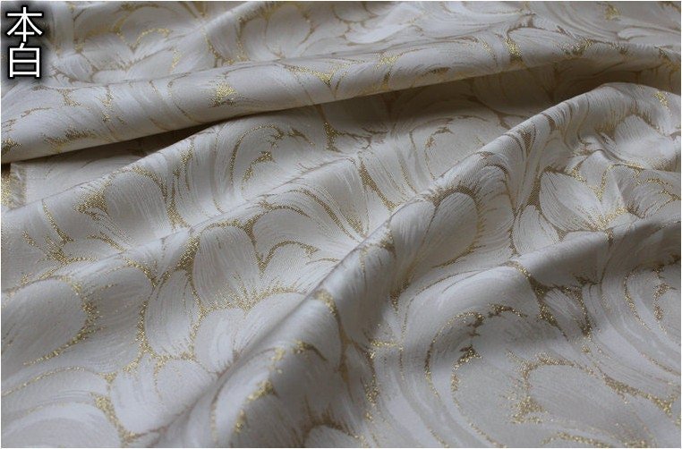 Off White Jacquard Fabric: 3D Gold Flower Design, 55" Wide - Poppylollipop