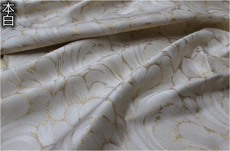 Off White Jacquard Fabric: 3D Gold Flower Design, 55" Wide