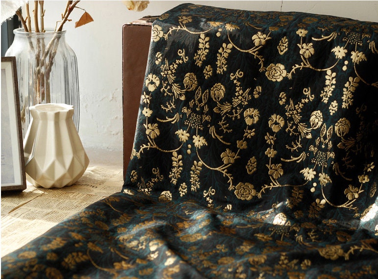 Vintage Dark Green Floral Jacquard Fabric: 3D Designer Upholstery, Costume - 57"W