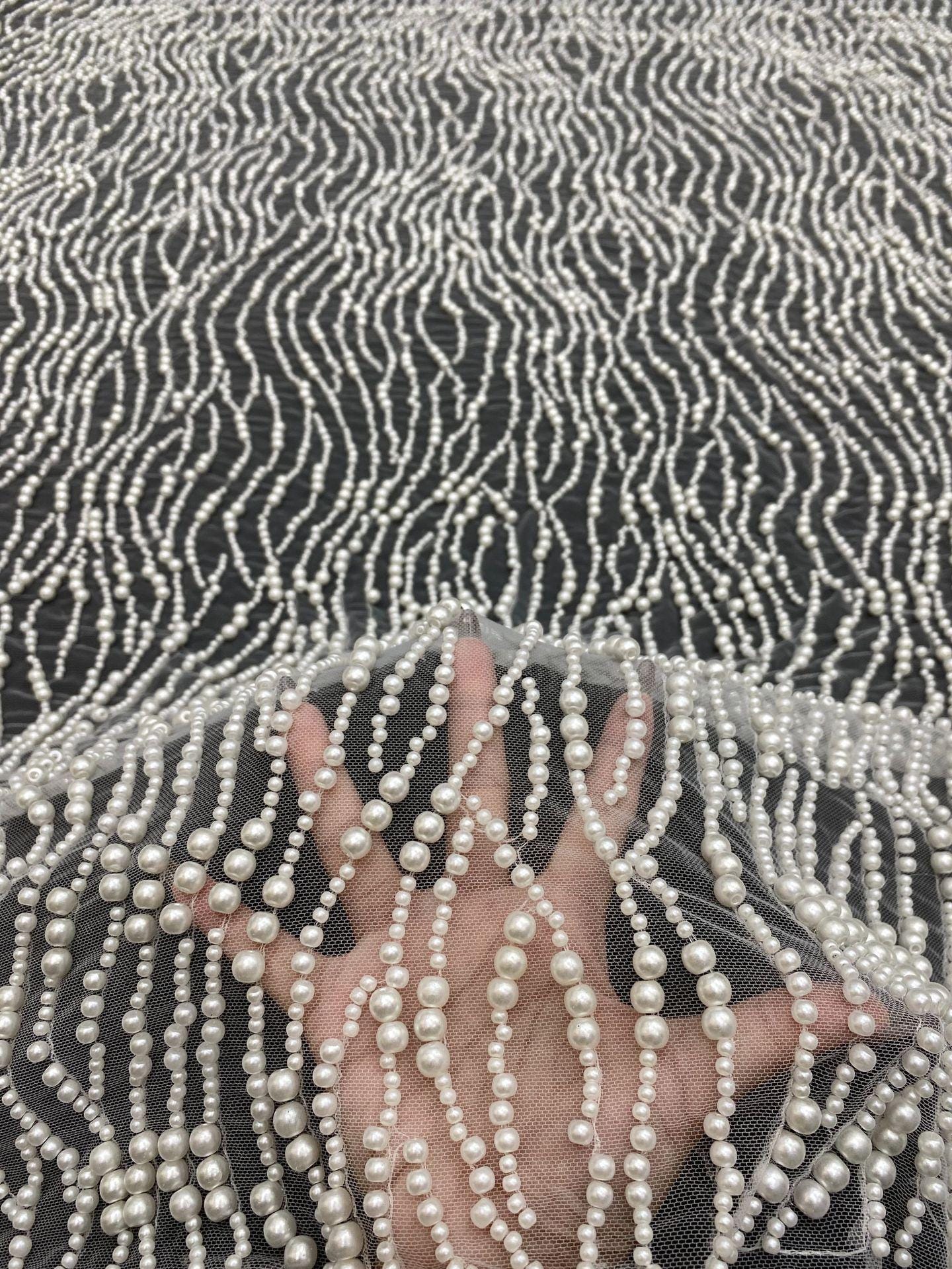 Luxury Wedding & Evening Dress Fabric ��� 4/6/8mm Pearl Beads, Sequin Embroidery, Bridal Gown Material, Couture Fabric for Sewi"Wide