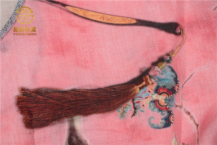 Floral Linen Fabric: Asian Style Pink Upholstery & Sewing Material (55"W)