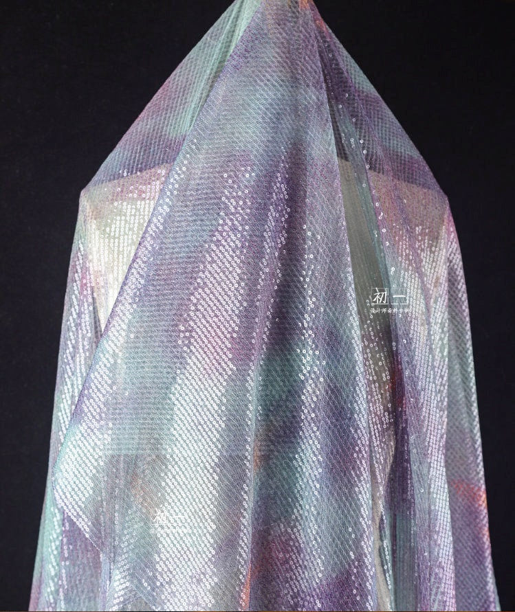 Lilac Green Sequin Mesh Fabric, Embroidered Scale Design, 49"W