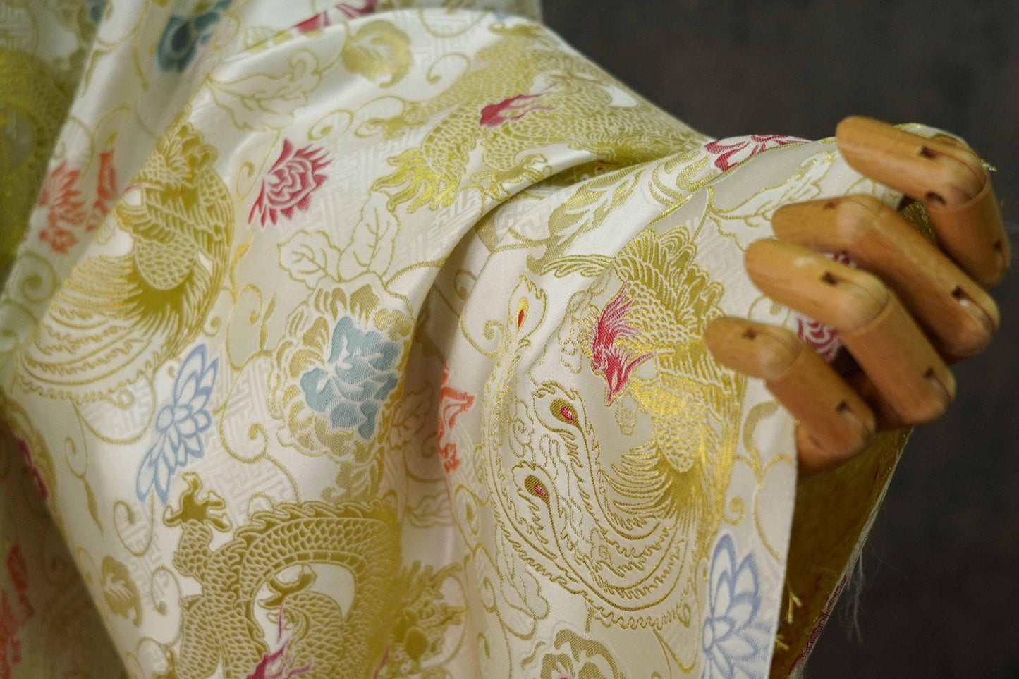 Dragon Embroidery Brocade Fabric: Beige Cheongsam Tapestry (65"W)