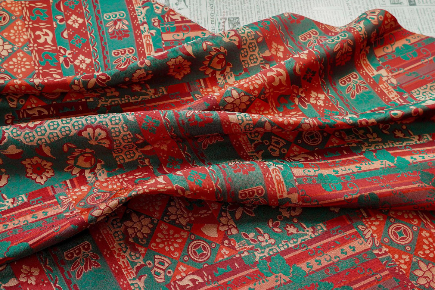 64"W Teal Jacquard Brocade Fabric ��� Longevity Peony Flower, High-Density Satin, Traditional Asian Textile for Quilting, Costumes, Home