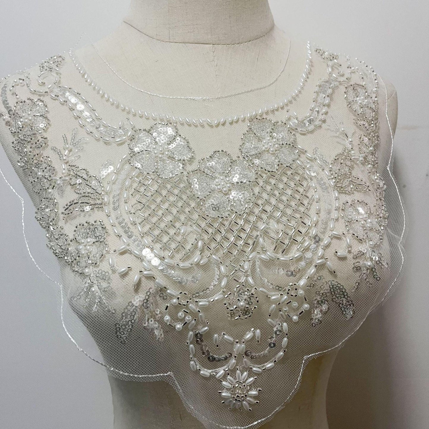 Embroidered Lace Trim: Light Ivory Bridal Wedding Veil with Sequins - 12" Wide, By The Yard