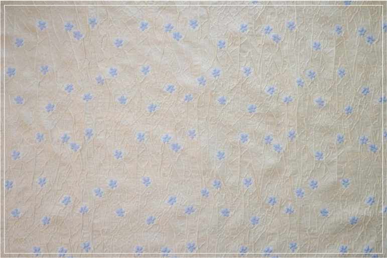 Embossed Beige Polyester Fabric, Blue Flowers, Upholstery & Costume, 56"W