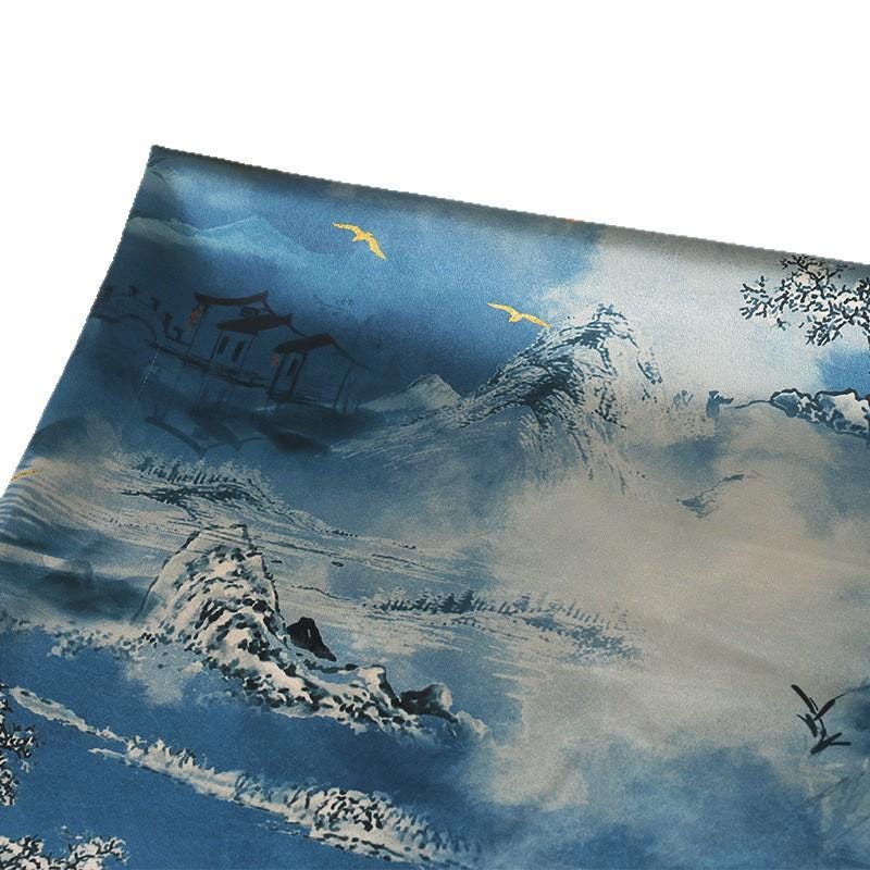 Ancient Landscape Tea Silk Satin Fabric: 59"W Digital Print Upholstery