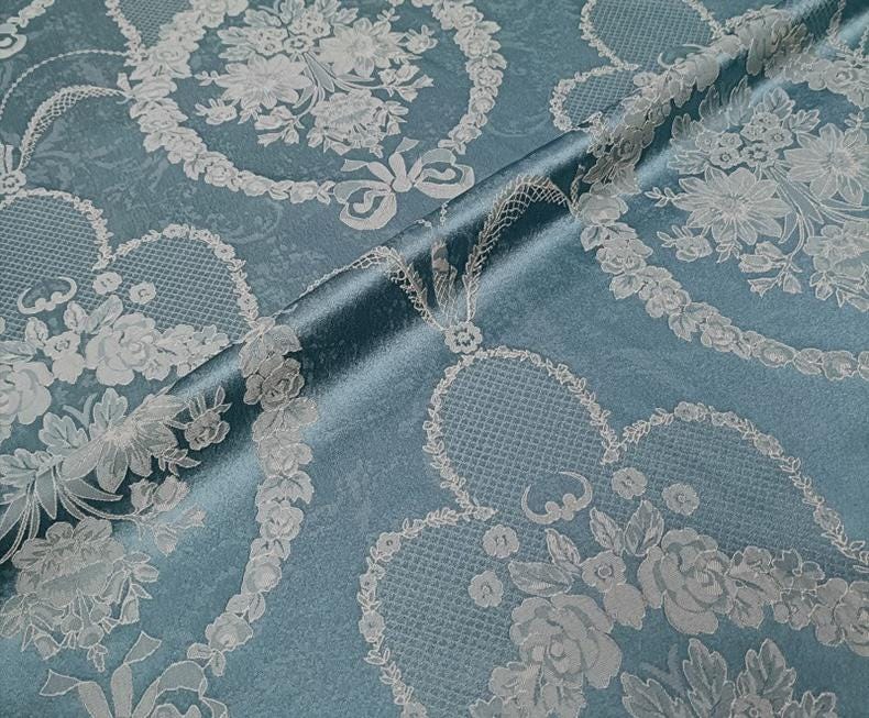 Blue Embossed Floral Jacquard Brocade Fabric | 55" Wide