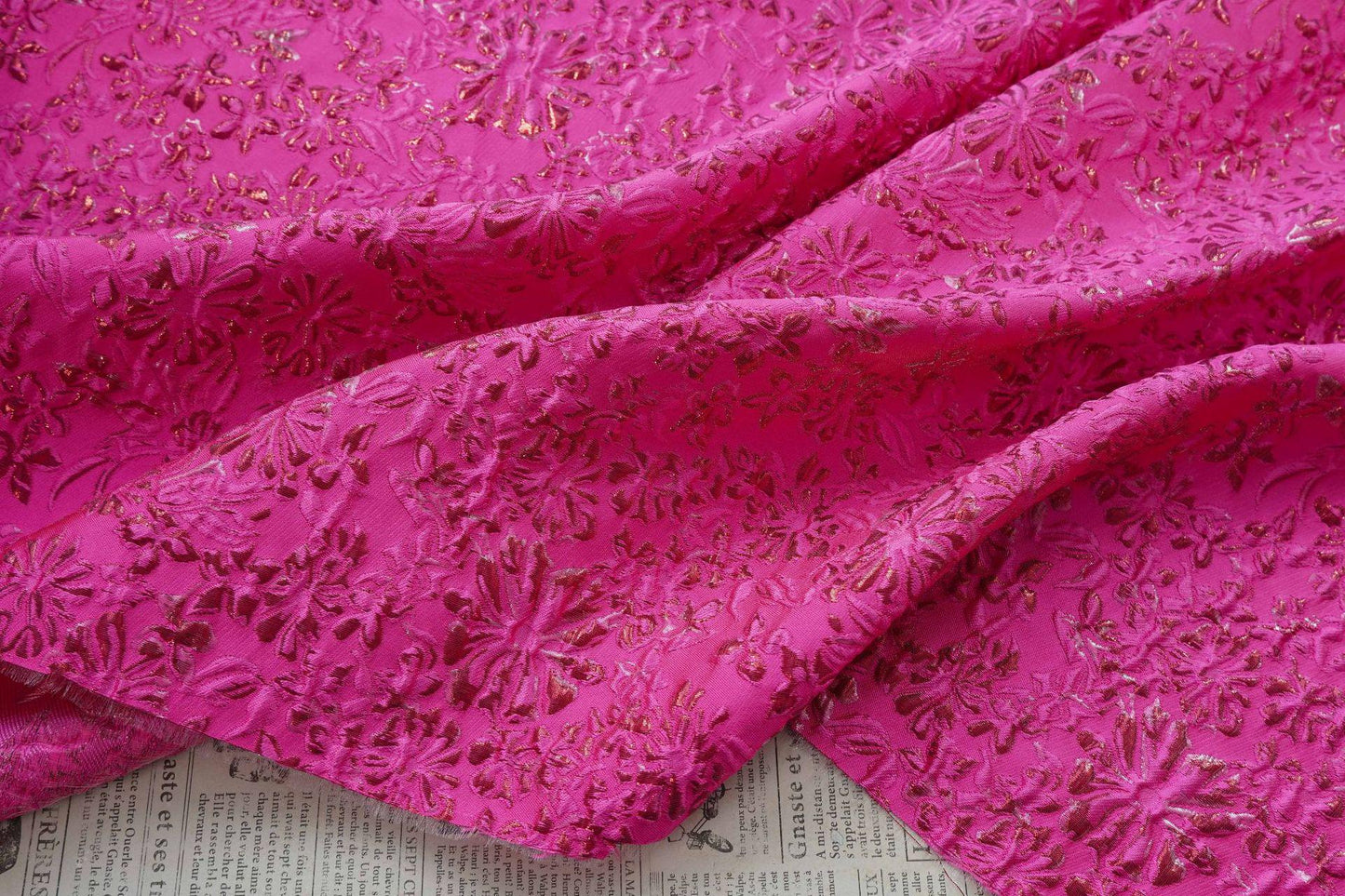 Rose Red Floral Jacquard Fabric ��� Embossed Gold Home D��cor T" Wide