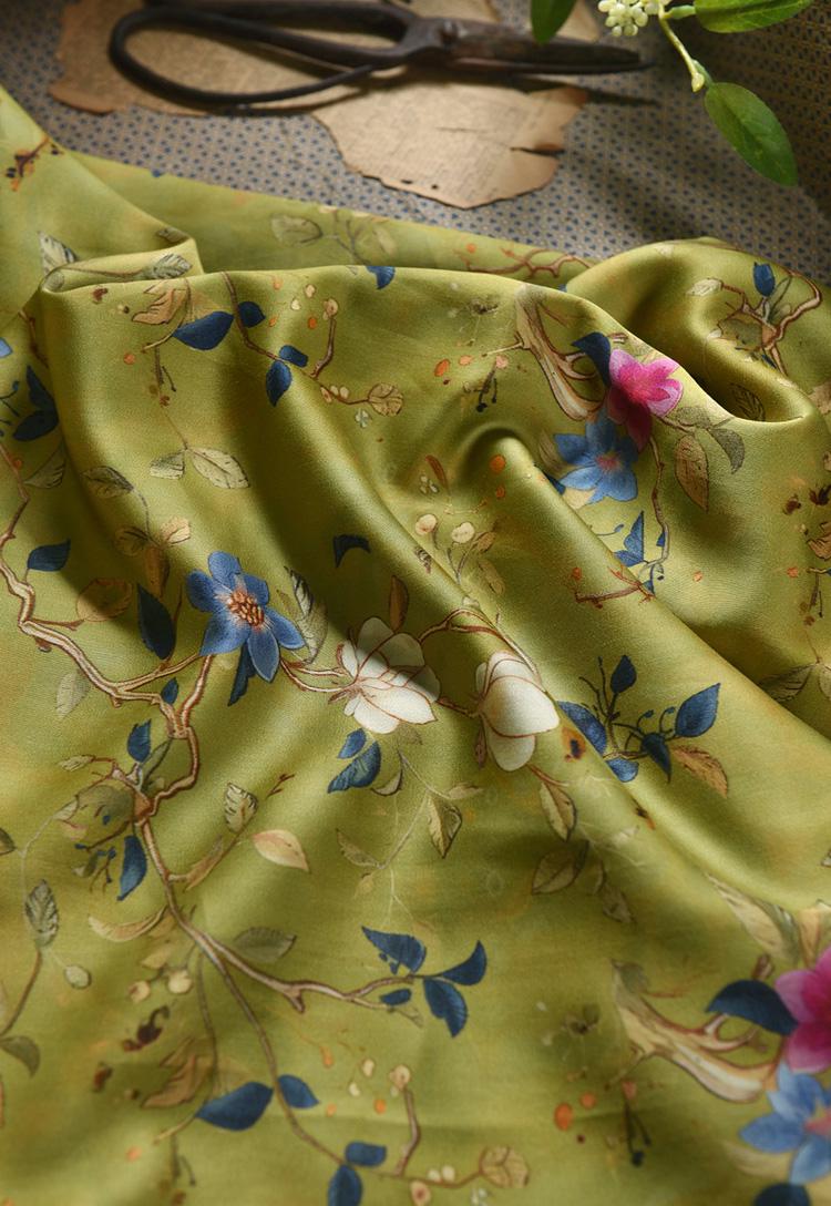 Floral Cotton Fabric: Green Ancient Ink Painting, 55"W