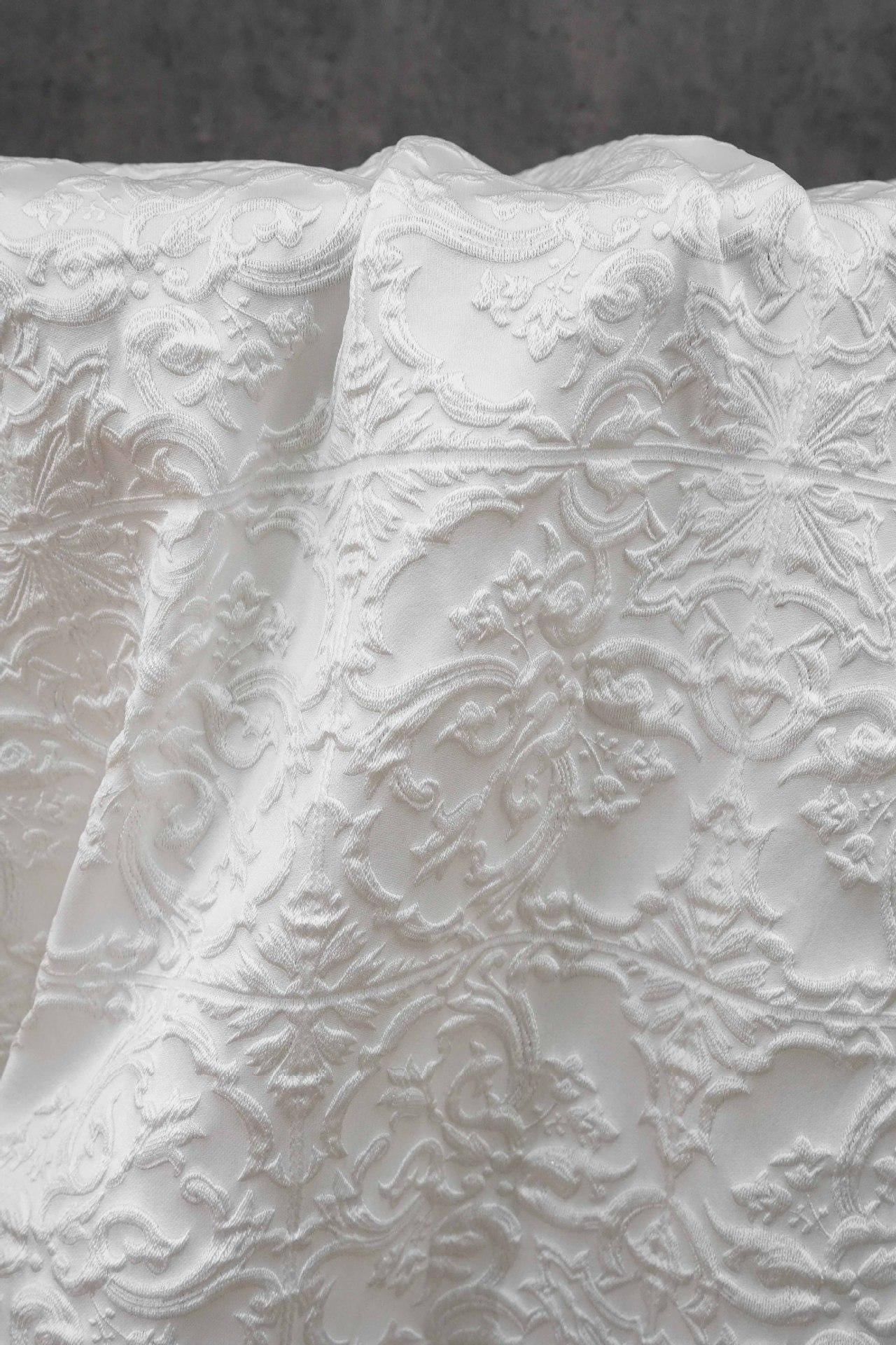 Pure white European Baroque Embossed Floral Scroll Jacquard Fabric, 55"Wide