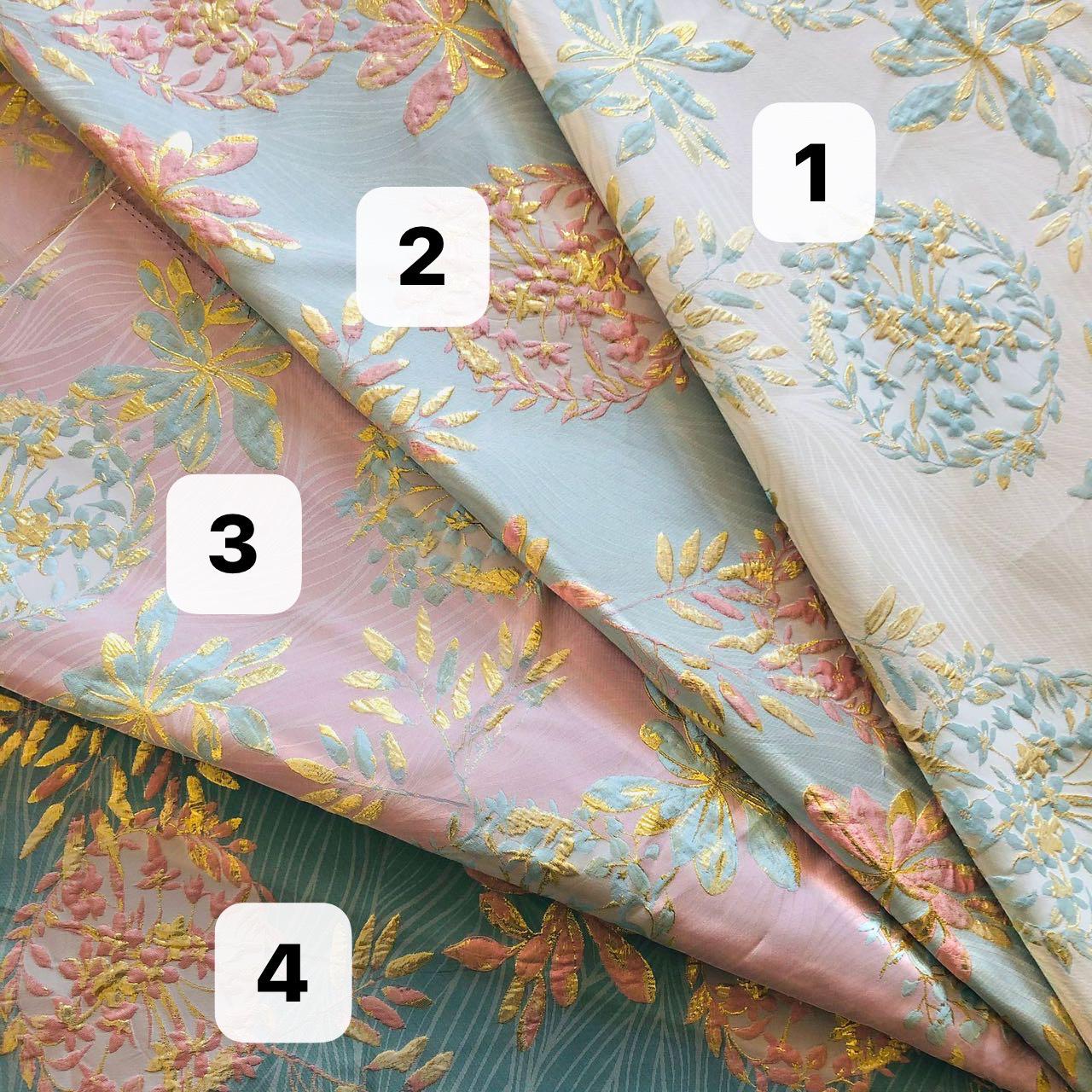 Aqua Blue Jacquard Fabric: Gold Thread Floral Design, 56" Wide