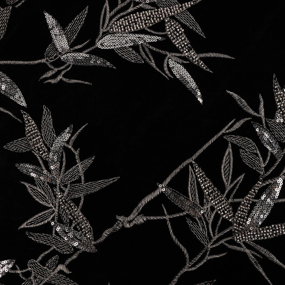 Tissu velours noir brodé de bambou : 124 cm de large, matériel de couture