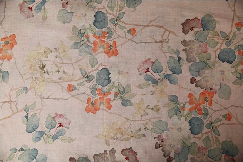 Floral Ramie Fabric: Dunhuang Ink Print, Natural Fiber, 57" Wide