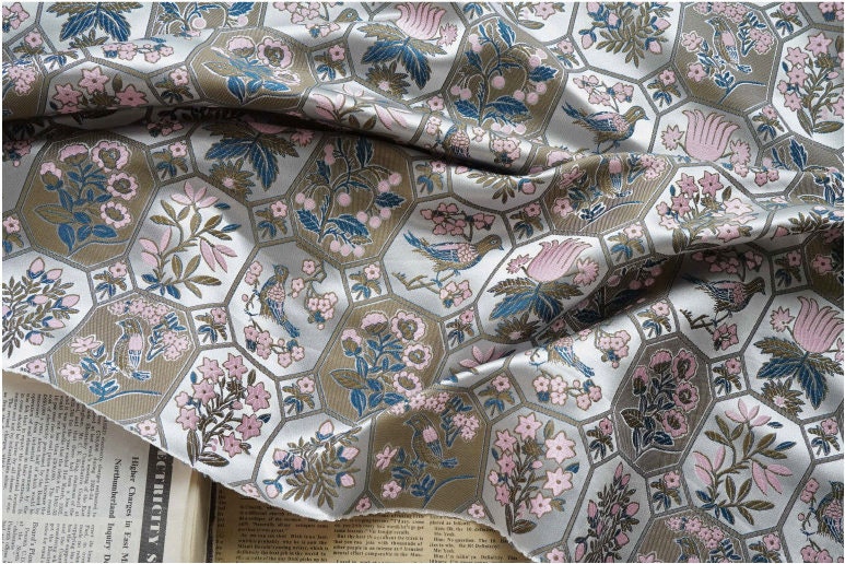 Floral Bird Satin Fabric: 59" Wide Rayon Drapery Material