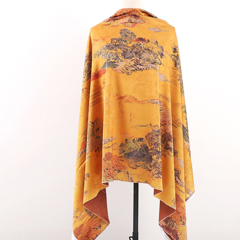 Ancient Chinese Landscape Print Fabric: 59"W Polyester Spandex