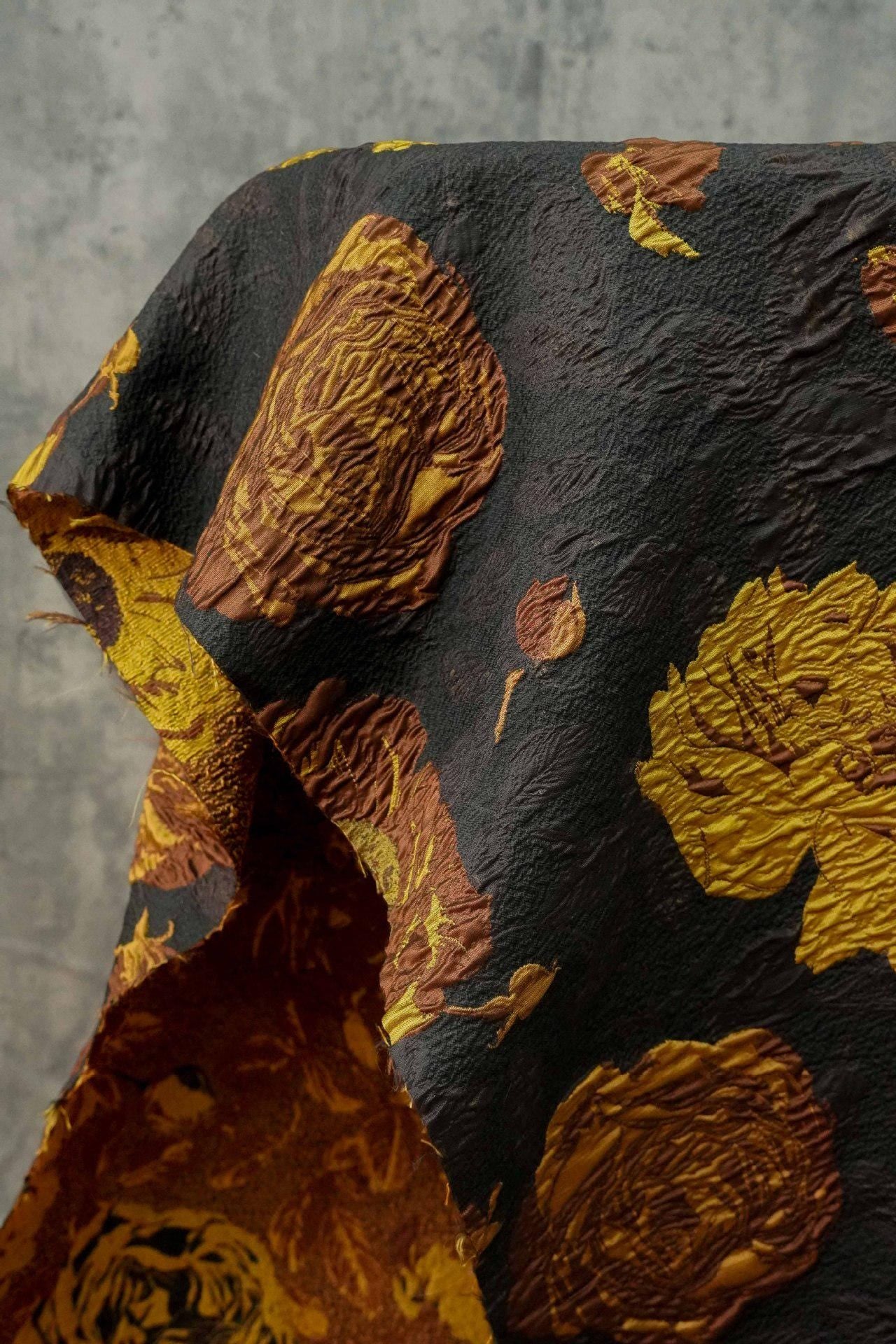Embossed Jacquard Fabric: Retro 3D Yellow Brown Upholstery, Dress, Curtain - 53"W