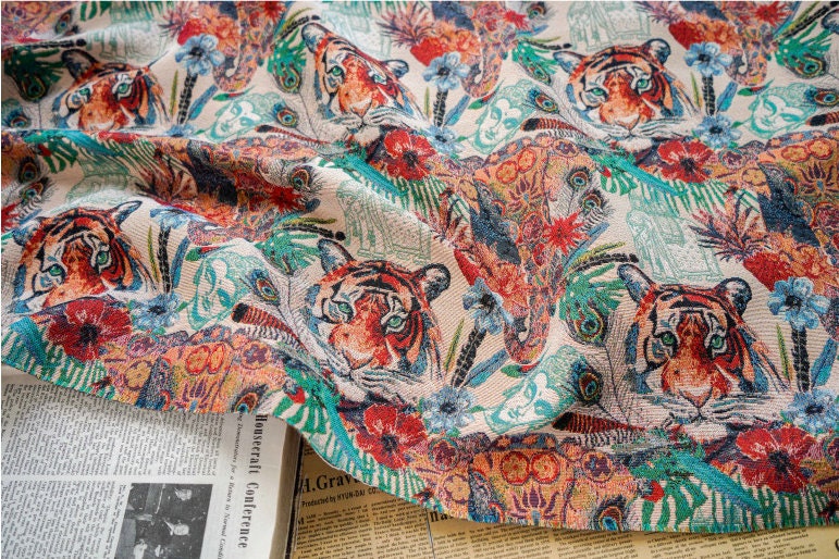 Tiger Zoo Jacquard Fabric: Autumn Winter Upholstery, Sewing, Decor (59"W)