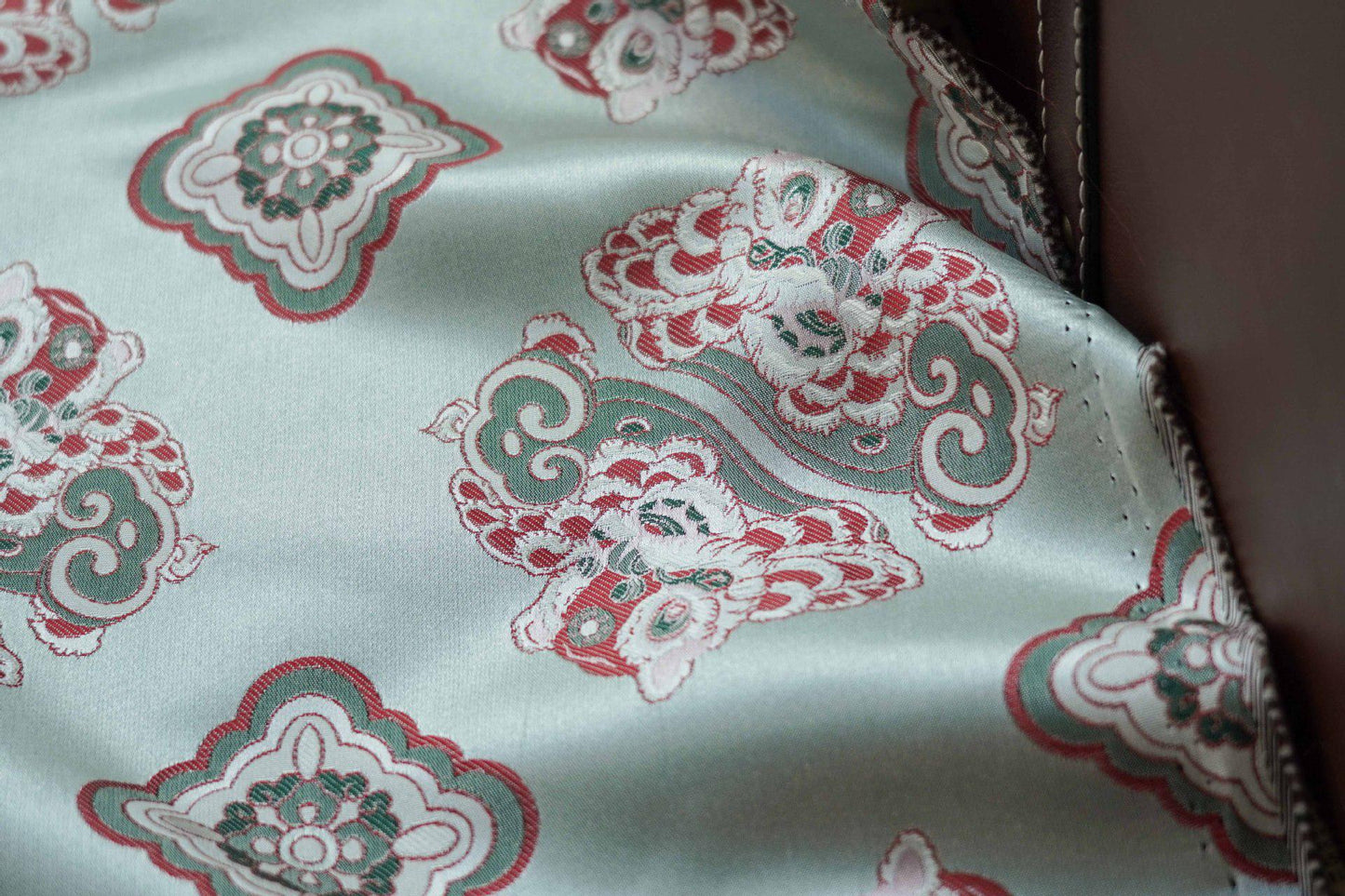 Aqua Blue Silk Brocade Fabric: Chinese Fu Lion Design, 66"W