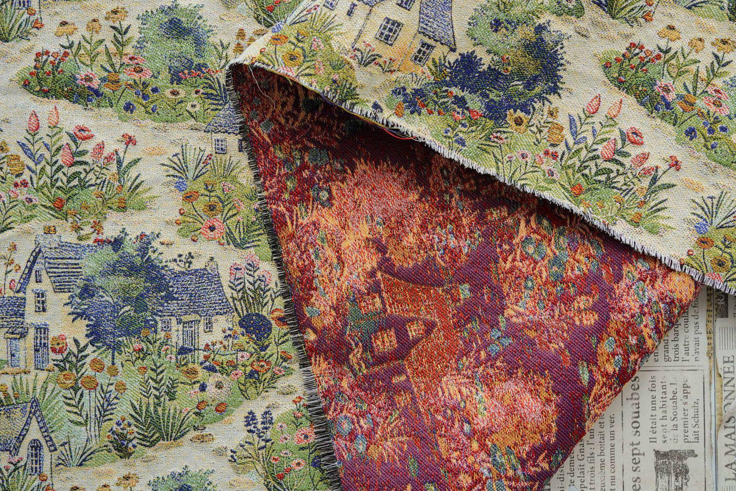 Pastoral Oil Painting Style Jacquard Fabric, Countryside Houses & Floral Weave, 56"Wide