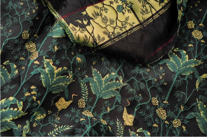 Dark Green Jacquard Fabric: Gold Thread 3D Designer Fabric, 65" Wide