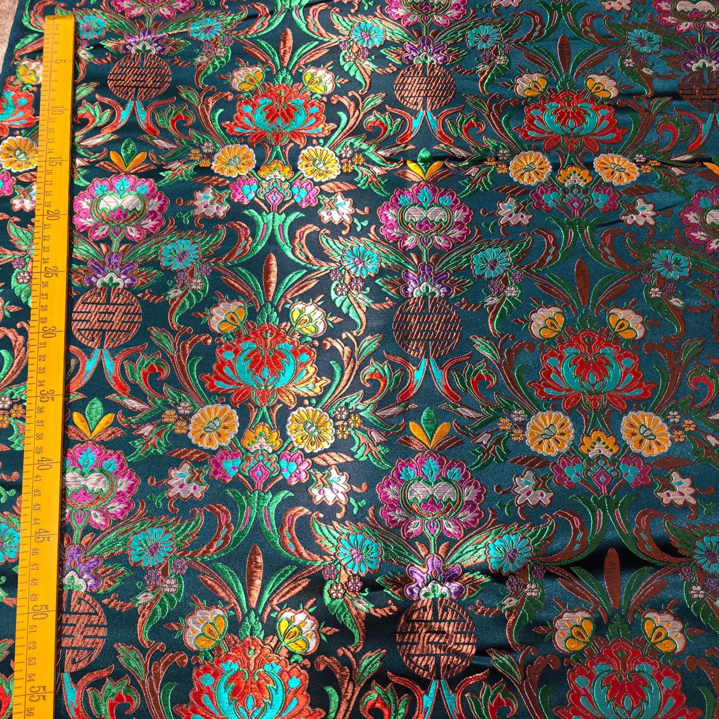 59"W Teal Jacquard Brocade Fabric ��� Longevity Peony Flower, High-Density Satin, Traditional Asian Textile for Quilting, Costumes, Home