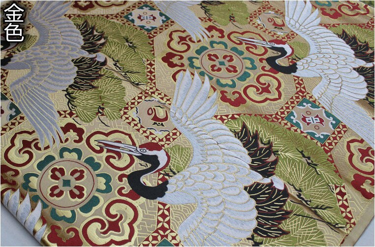 Japanese Crane Jacquard Satin Fabric: Pale Gold Bird Fabric, 29.5"W