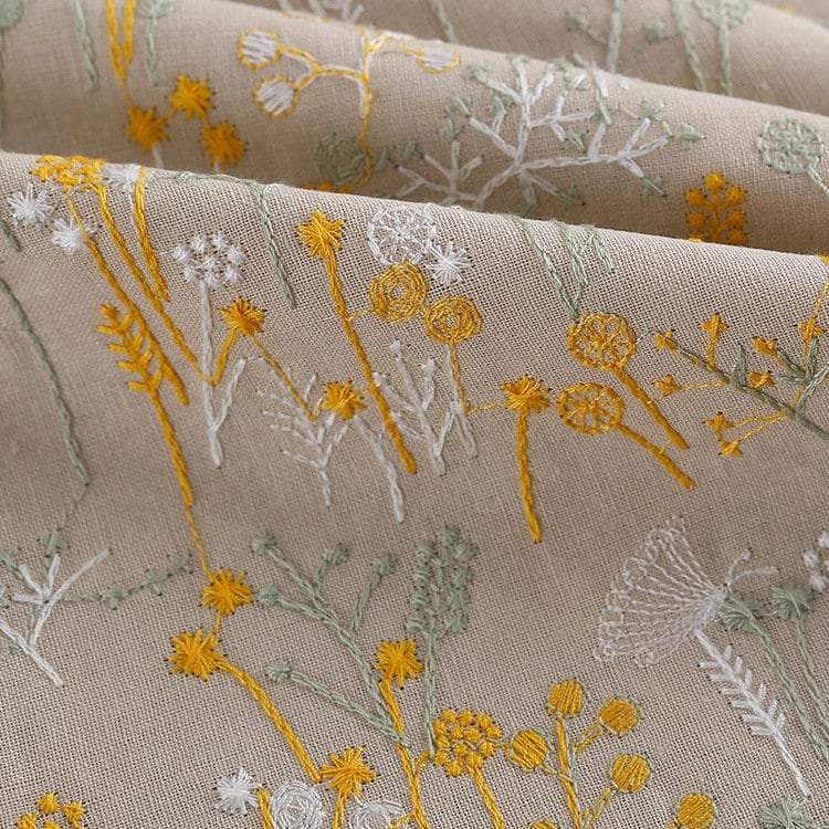 Floral Embroidery Ramie Cotton Fabric: 3D Plant Design, 48" Wide