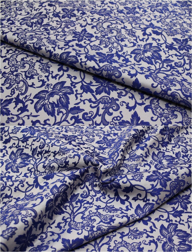 Blue Floral Jacquard Satin Fabric - 59"W Silk Rayon Brocade