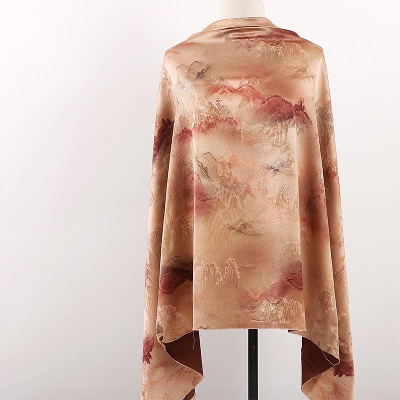 Ancient Mountain Tea Silk Satin Fabric: Digital Print Drapery, 59"W
